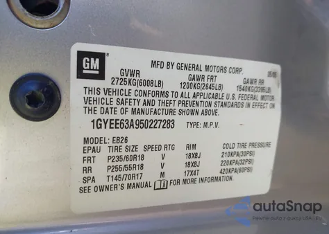 2005 Cadillac Srx z USA, uszkodzony, nr VIN 1GYEE63A950227283